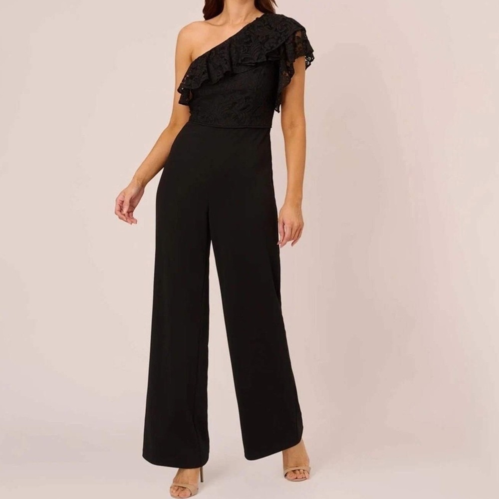 Adrianna Papell Jumpsuit One Shoulder Lace Ruffle Black Wide Leg 14W Formal Wear
